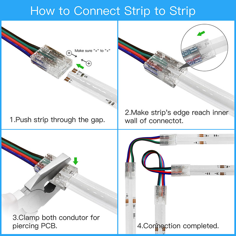 Solderless 10mm Tape to Tape COB RGB LED Strip Light 4-Pin Connector Solderless 10mm Tape to Tape COB RGB LED Strip Light 4-Pin Connector